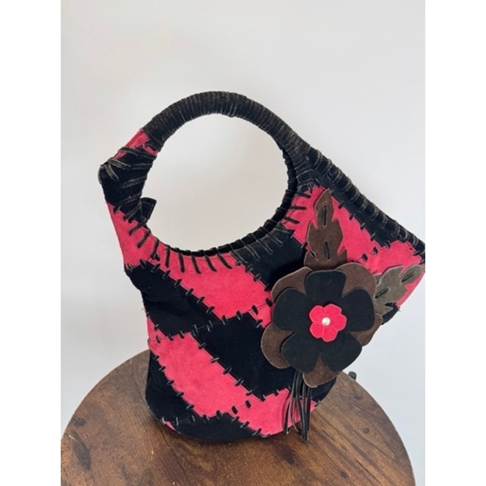 Vintage Red Black Patchwork Suede Floral Whipstitch Hobo Bag Boho Y2K Statement
